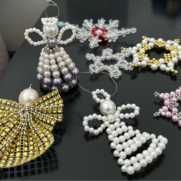 Handmade Christmas ornaments set of 7: 3 angels & 4 stars beaded pearled white - Picture 16 of 16